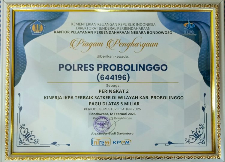 Polres Probolinggo Raih Peringkat II Kinerja IKPA Terbaik Semester II 2025 Dari KPPN Bondowoso